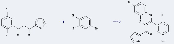 The 1-(5-Chloro-2-hydroxy-phenyl)-3-thiophen-2-yl-propane-1,3-dione could react with 2-amino-5-bromo-benzenethiol to obtain the [7-bromo-3-(5-chloro-2-hydroxy-phenyl)-4H-benzo[1,4]thiazin-2-yl]-thiophen-2-yl-methanone.